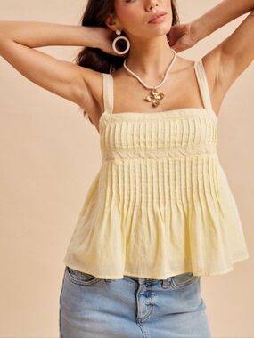Pintuck Pleated Yellow Cotton Lace Tank Top